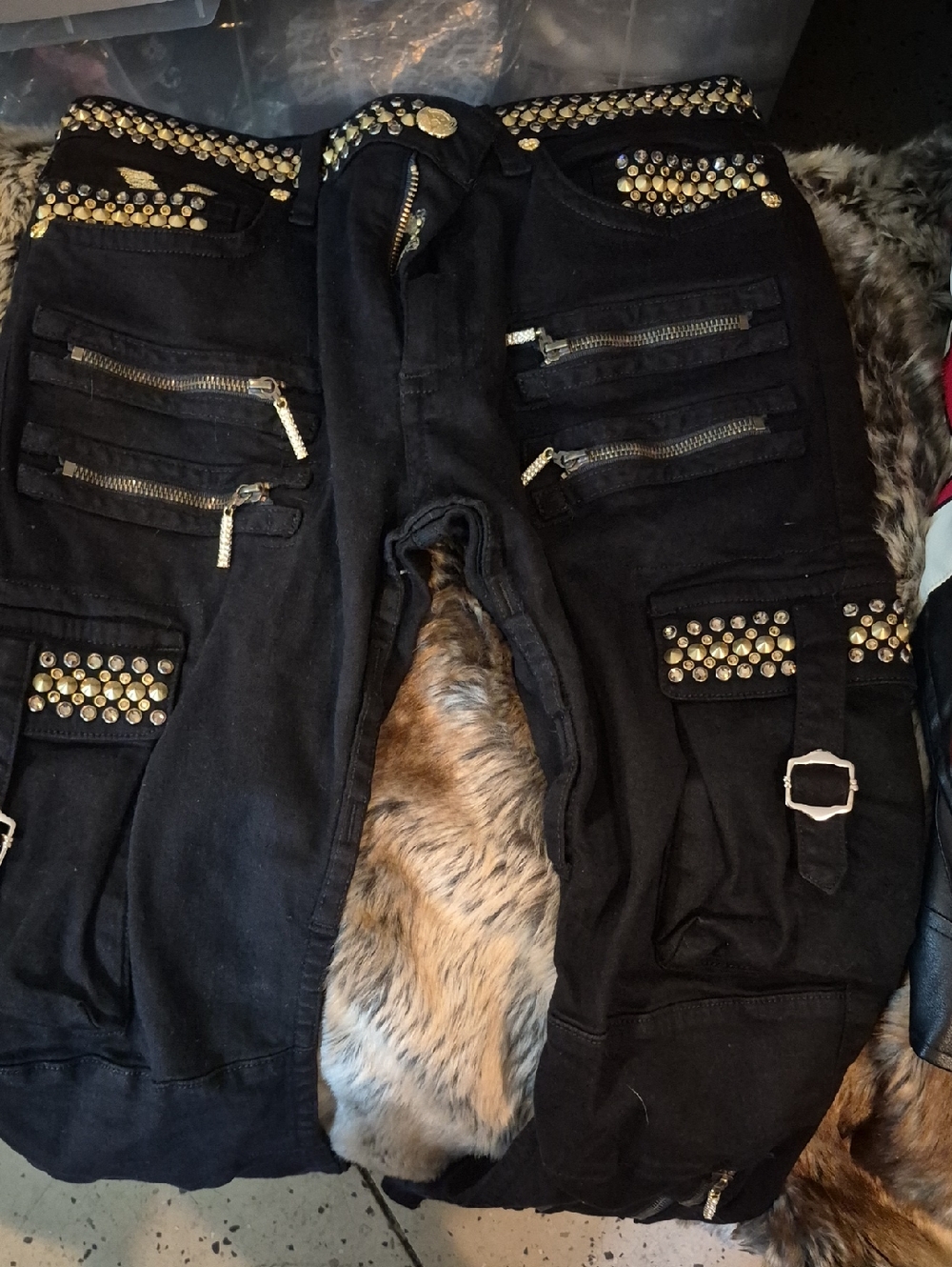 Robin's Jean Black Cargo Pants with Gold Studs & Zippers